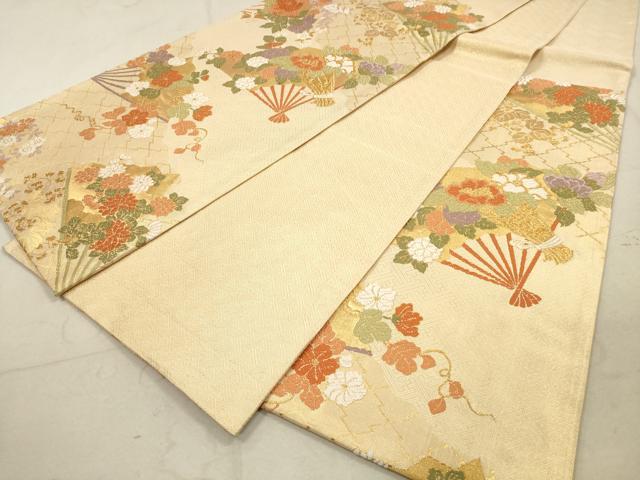 平和屋着物◎佐賀錦 六通柄袋帯 唐織 扇面花文 金糸 正絹 逸品 DAAZ1740xg