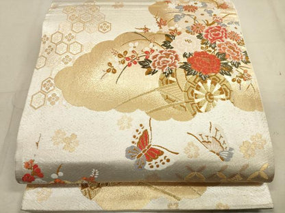 平和屋着物◎六通柄袋帯 雲取り花車文 金銀糸 正絹 逸品 DAAZ1742xg