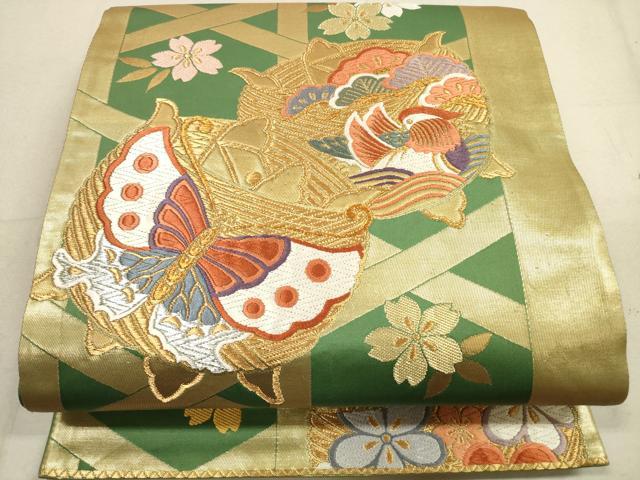 平和屋着物◎六通柄袋帯 唐織 糸巻花蝶文 金銀糸 正絹 逸品 DAAZ1749xg
