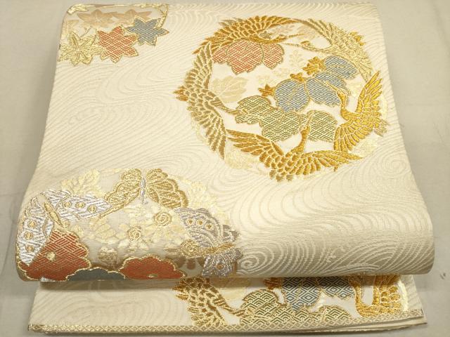 平和屋着物◎六通柄袋帯 吉祥花鳥丸文 鶴 金銀糸 正絹 逸品 DAAZ1753xg