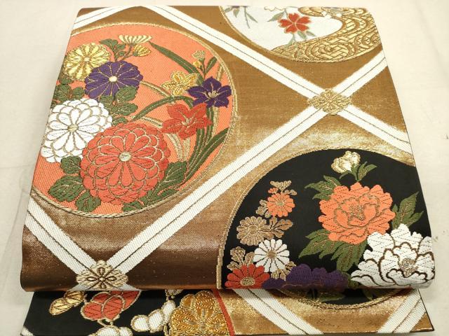 平和屋着物◎六通柄袋帯 唐織 天井花丸文 黒地 金糸 正絹 逸品 DAAZ1758xg