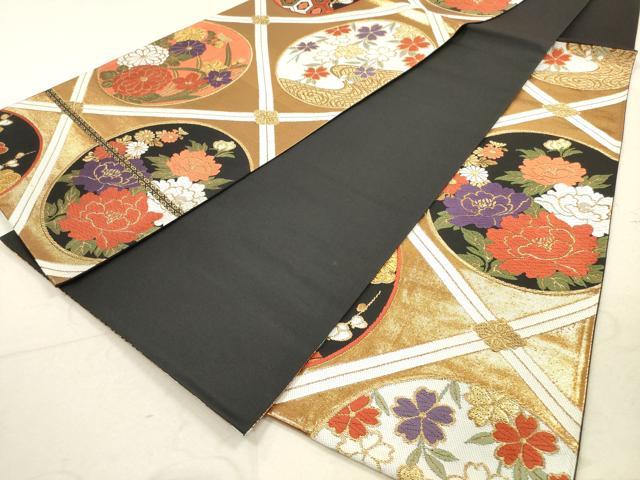 平和屋着物◎六通柄袋帯 唐織 天井花丸文 黒地 金糸 正絹 逸品 DAAZ1758xg