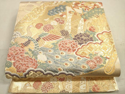 平和屋着物◎六通柄袋帯 瑞鳥華車扇紋 金糸 正絹 逸品 DAAZ1775xg