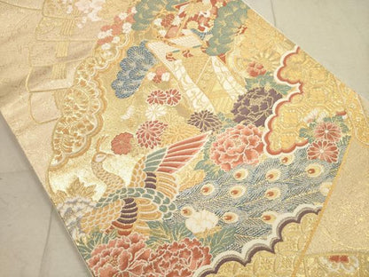 平和屋着物◎六通柄袋帯 瑞鳥華車扇紋 金糸 正絹 逸品 DAAZ1775xg