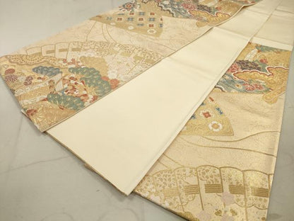 平和屋着物◎六通柄袋帯 瑞鳥華車扇紋 金糸 正絹 逸品 DAAZ1775xg
