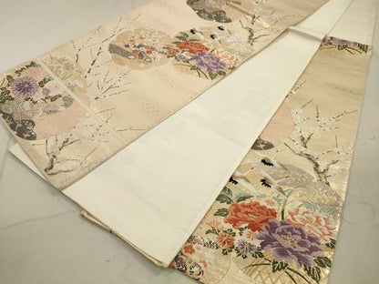 平和屋着物◎六通柄袋帯 唐織 飛鶴花文 金糸 正絹 逸品 DAAZ1801xg