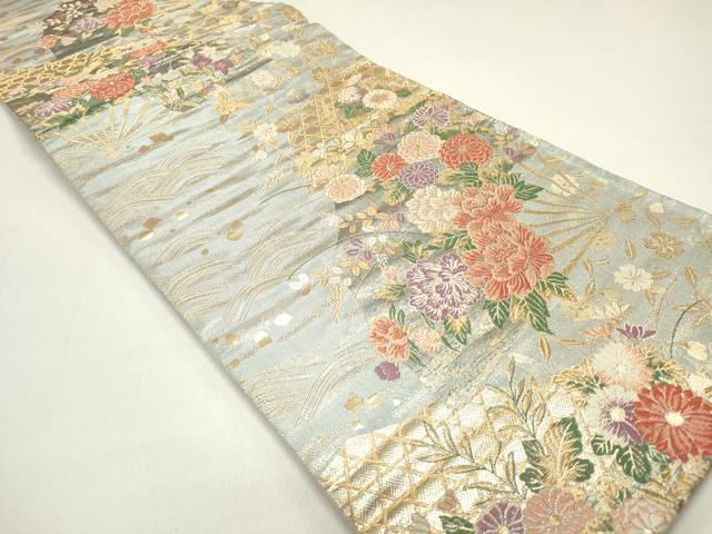 平和屋着物◎六通柄袋帯　唐織　扇面蛇籠花文　金糸　正絹　逸品　DAAZ1866xg