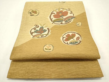 平和屋着物◎太鼓柄袋帯　ふくれ織　花丸文　正絹　逸品　DAAZ1888xg