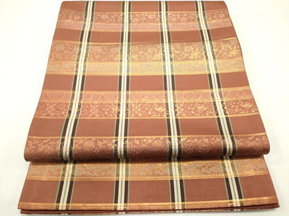 平和屋着物◎六通柄袋帯　花唐草間道　金糸　正絹　逸品　DAAZ1890xg