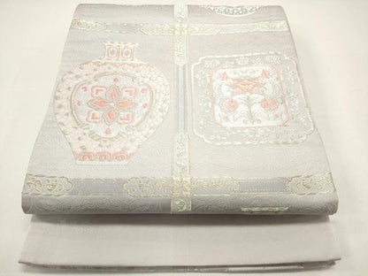 平和屋着物◎六通柄袋帯 唐織 縄文格子 陶器 金糸 正絹 逸品 DAAZ1891xg