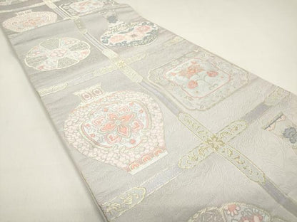 平和屋着物◎六通柄袋帯 唐織 縄文格子 陶器 金糸 正絹 逸品 DAAZ1891xg