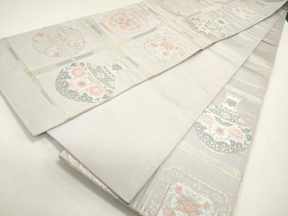 平和屋着物◎六通柄袋帯 唐織 縄文格子 陶器 金糸 正絹 逸品 DAAZ1891xg