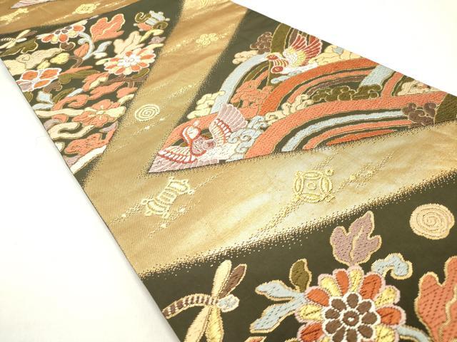 平和屋着物◎六通柄袋帯　唐織　宝尽くし花鳥文　金糸　正絹　逸品　DAAZ1893xg