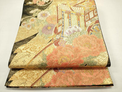 平和屋着物◎六通柄袋帯 錦綾佐賀二重織 御所車花文 金糸 やまと誂製 正絹 逸品 DAAZ1897xg