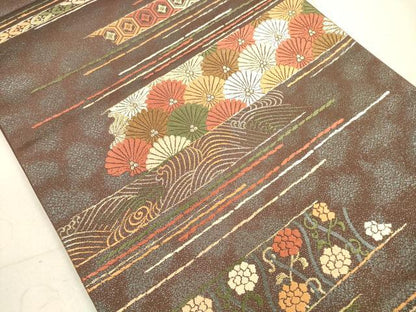 平和屋着物◎六通柄袋帯 唐織 横段吉祥花文 菊 金糸 正絹 逸品 DAAZ1922xg