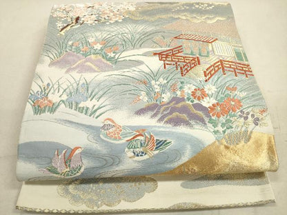 平和屋着物◎六通柄袋帯　唐織　鴛鴦風景花文　金銀糸　正絹　逸品　DAAZ1928xg