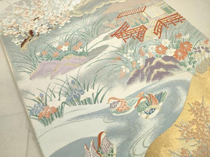 平和屋着物◎六通柄袋帯　唐織　鴛鴦風景花文　金銀糸　正絹　逸品　DAAZ1928xg