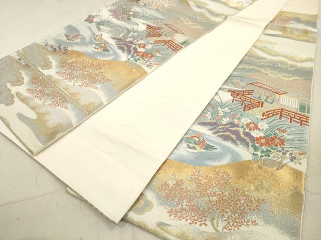平和屋着物◎六通柄袋帯　唐織　鴛鴦風景花文　金銀糸　正絹　逸品　DAAZ1928xg