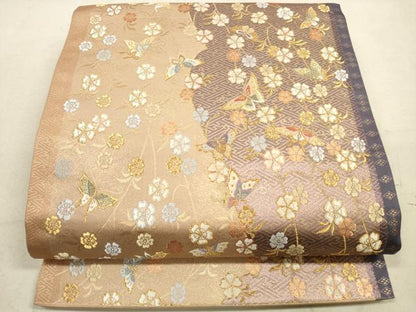 平和屋着物◎六通柄袋帯　唐織　花蝶文　春の流れ　金糸　正絹　逸品　DAAZ1948xg