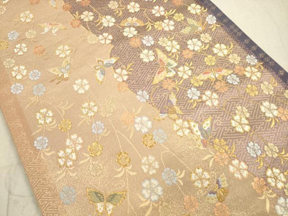 平和屋着物◎六通柄袋帯　唐織　花蝶文　春の流れ　金糸　正絹　逸品　DAAZ1948xg