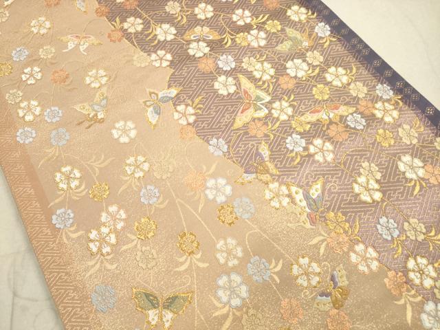 平和屋着物◎六通柄袋帯　唐織　花蝶文　春の流れ　金糸　正絹　逸品　DAAZ1948xg