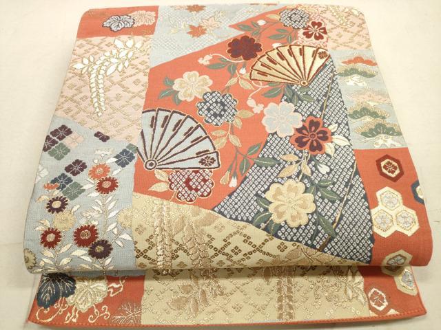 平和屋着物◎六通柄袋帯 切嵌草花文 金糸 正絹 逸品 DAAZ1970xg