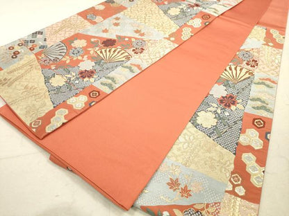 平和屋着物◎六通柄袋帯 切嵌草花文 金糸 正絹 逸品 DAAZ1970xg