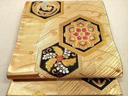 平和屋着物◎六通柄袋帯 唐織 亀甲鳳凰花文 黒地 金糸 正絹 逸品 DAAZ1973xg