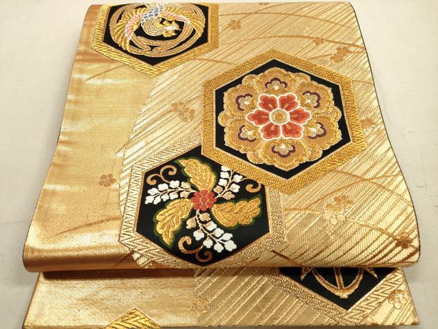 平和屋着物◎六通柄袋帯 唐織 亀甲鳳凰花文 黒地 金糸 正絹 逸品 DAAZ1973xg