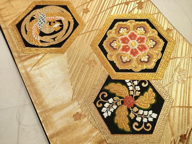 平和屋着物◎六通柄袋帯 唐織 亀甲鳳凰花文 黒地 金糸 正絹 逸品 DAAZ1973xg