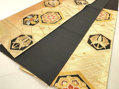 平和屋着物◎六通柄袋帯 唐織 亀甲鳳凰花文 黒地 金糸 正絹 逸品 DAAZ1973xg