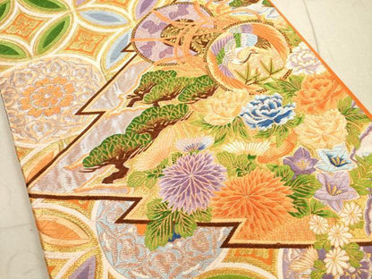 平和屋着物◎六通柄袋帯 唐織 松皮菱鳳凰花文 金銀糸 正絹 逸品 DAAZ1977xg