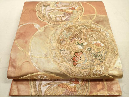 平和屋着物◎六通柄袋帯　鏡裏鳳凰花文　金銀糸　引箔　正絹　逸品　DAAZ1978xg