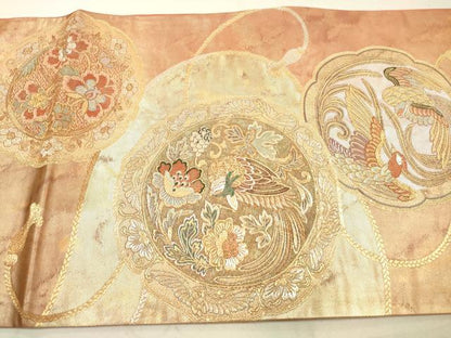 平和屋着物◎六通柄袋帯　鏡裏鳳凰花文　金銀糸　引箔　正絹　逸品　DAAZ1978xg