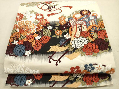 平和屋着物◎六通柄袋帯 唐織 御所車花文 正絹 逸品 DAAZ1981xg