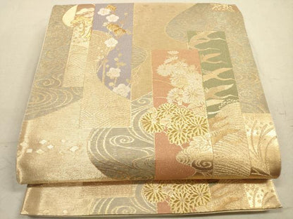 平和屋着物◎六通柄袋帯 織巧 飛鶴吉祥花文 金糸 正絹 逸品 DAAZ1983xg