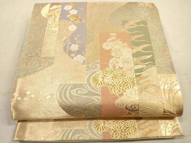 平和屋着物◎六通柄袋帯 織巧 飛鶴吉祥花文 金糸 正絹 逸品 DAAZ1983xg