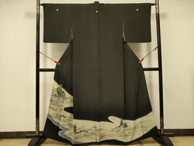 平和屋着物■豪華黒留袖　手描き　流水風景文　暈し染め　金彩　正絹　逸品　DAAZ2070op