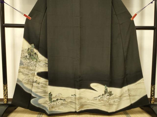 平和屋着物■豪華黒留袖　手描き　流水風景文　暈し染め　金彩　正絹　逸品　DAAZ2070op