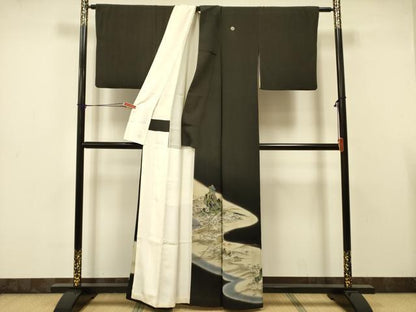 平和屋着物■豪華黒留袖　手描き　流水風景文　暈し染め　金彩　正絹　逸品　DAAZ2070op