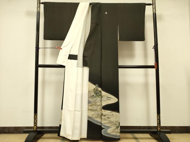 平和屋着物■豪華黒留袖　手描き　流水風景文　暈し染め　金彩　正絹　逸品　DAAZ2070op