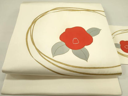 平和屋着物●塩瀬 九寸名古屋帯 草花 金彩 正絹 逸品 DAAZ2192op