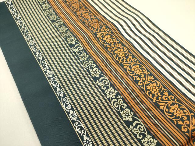 平和屋着物●本場筑前博多織 八寸名古屋帯 更紗花唐草間道 正絹 逸品 未使用 DAAZ2202op