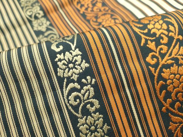 平和屋着物●本場筑前博多織 八寸名古屋帯 更紗花唐草間道 正絹 逸品 未使用 DAAZ2202op