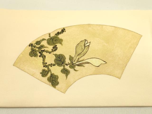 平和屋着物●塩瀬 九寸名古屋帯 地紙花鳥文 金彩 正絹 逸品 DAAZ2210op