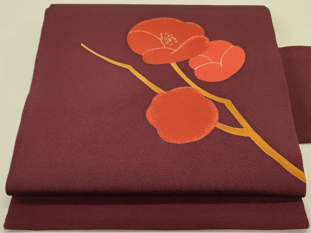 平和屋着物●九寸名古屋帯　刺繍　枝梅　金糸　鬼しぼ縮緬　正絹　逸品　DAAZ2211op