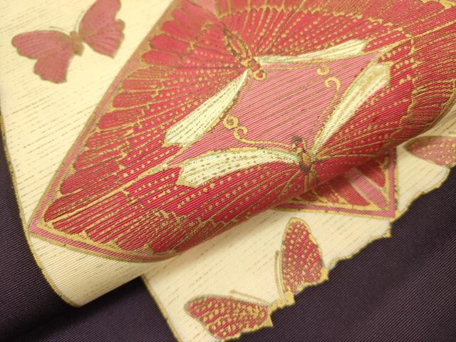 平和屋着物●塩瀬　九寸名古屋帯　舞蝶菱文　金彩　正絹　逸品　DAAZ2235op