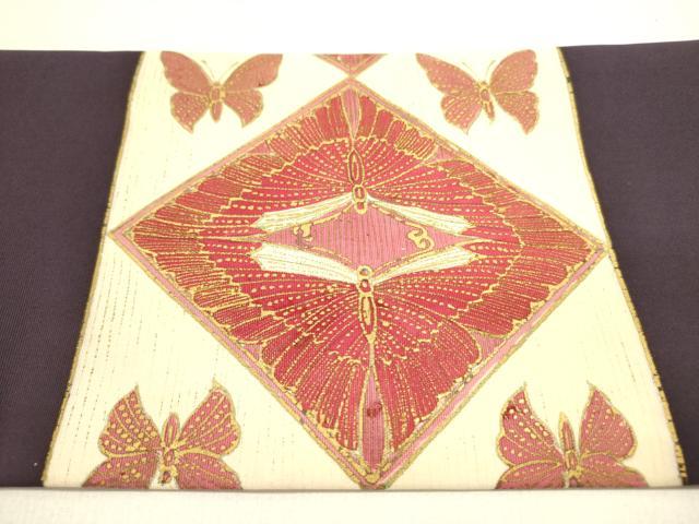 平和屋着物●塩瀬　九寸名古屋帯　舞蝶菱文　金彩　正絹　逸品　DAAZ2235op