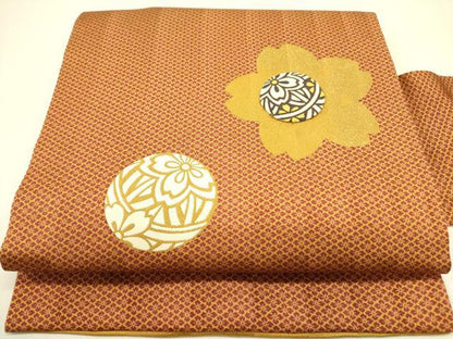 平和屋着物●九寸名古屋帯　パッチワーク　桜毬文　金彩　正絹　逸品　DAAZ2246op