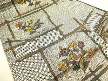 平和屋着物●本場筑前博多織 八寸名古屋帯 花鳥文 正絹 逸品 DAAZ2257op